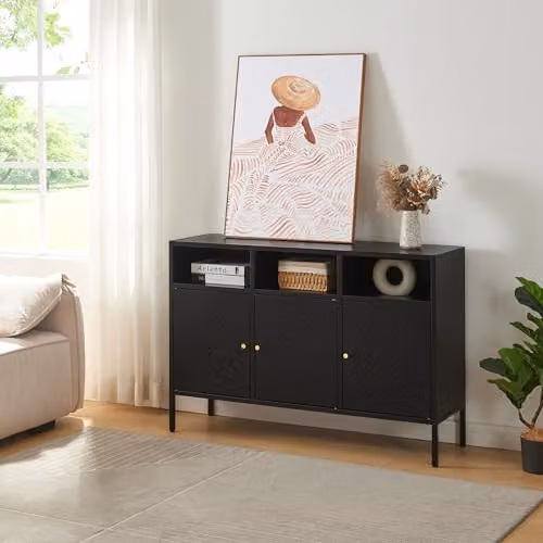 [en.casa] Credenza Comò Mobile Basso da Stoccaggio Mobile Contenitore in Acciaio con Scomparti Aperti e Chiusi con Ante Traforate 119 x 35 x 80 cm - Nero