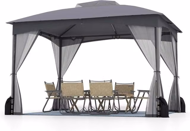 Gazebo da Giardino 3 x 3,6 m, Gazebo con Zanzariera a Doppia Copertura con Sacchetti di Sabbia e Picchetti a Terra, Tenda Impermeabile con Struttura in Metallo per Prato (Grigio)