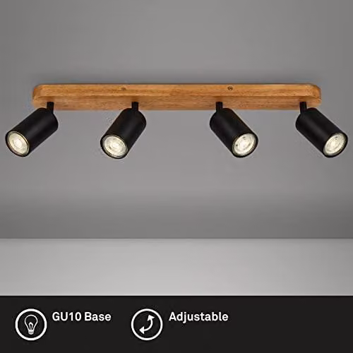 - Lampada da soffitto vintage, orientabile, con base in legno, attacco GU10, max. 9 Watt, ideale per soggiorno, camera da letto o cucina, tipo plafoniera, dimensioni 55x6x8,5 cm, colore nero