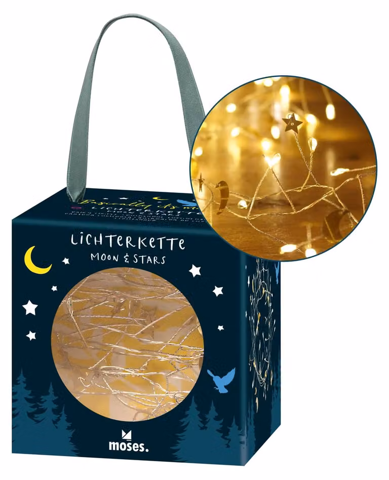 Catena luminosa "Luna e Stelle", 100 LED bianco caldo, motivi dorati, timer integrato