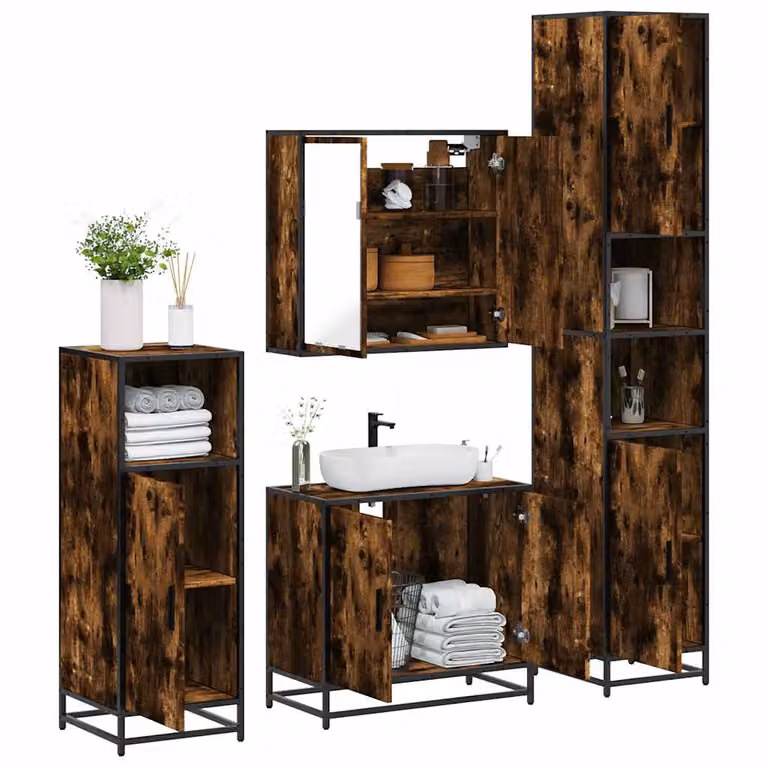 Set di mobili da bagno 4 pezzi vidaXL in stile industriale in legno e metallo, colore marrone e nero