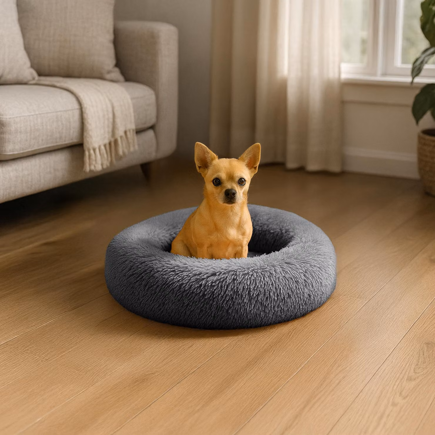 belviona donut dog bed, accogliente letto in peluche con morbida imbottitura, presa sicura e bordo ergonomico, diametro 40 cm, antracite