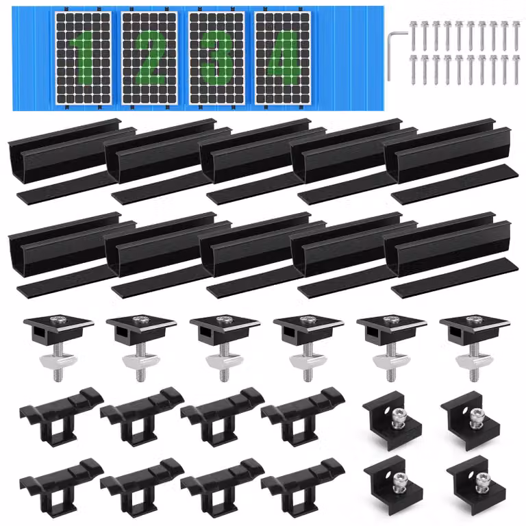 Kit di montaggio per pannelli solari, per 4 moduli, con binario nero da 12 cm