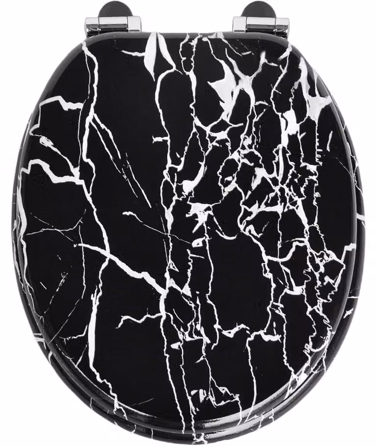 WC con sistema di abbassamento automatico, in legno, con finitura in marmo nero, dimensioni 43,5 x 37,5 cm