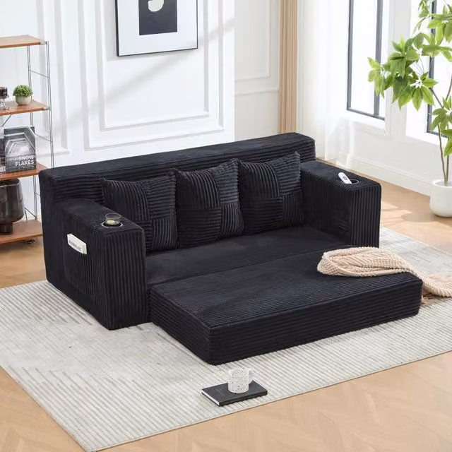 Divano modulare a tre posti 172 x 87 x 64 cm con portabicchieri e tasche; velluto a coste; nero