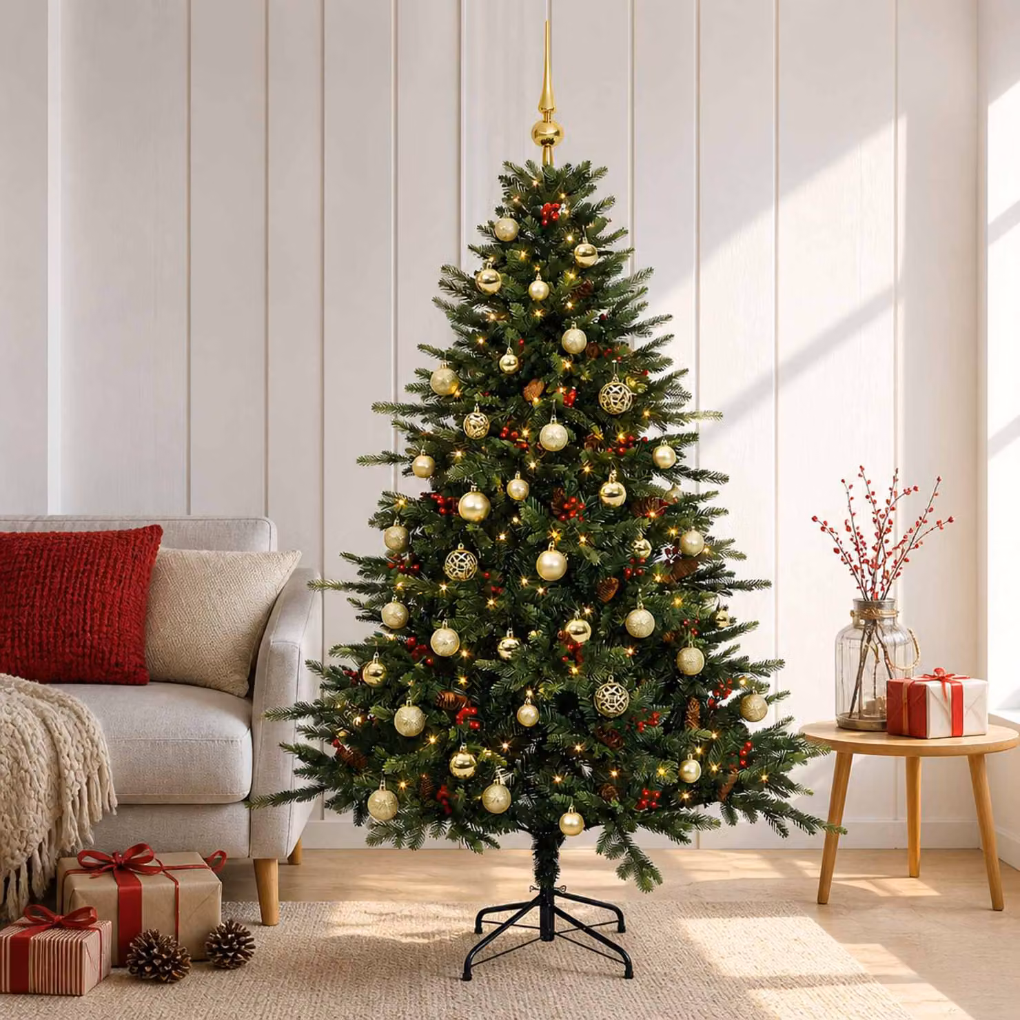 Albero di Natale artificiale verde vidaXL con 150 LED luce bianca calda e decorazioni con palline, Altezza: 120 cm