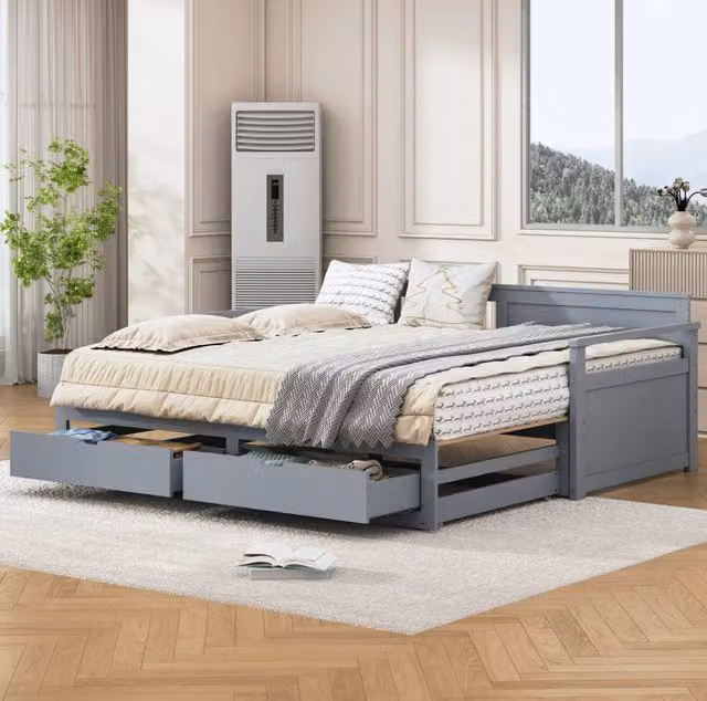 Letto giorno multifunzionale 2 in 1 in legno di pino 90x190/180x190 cm con cassetti estraibile grigio