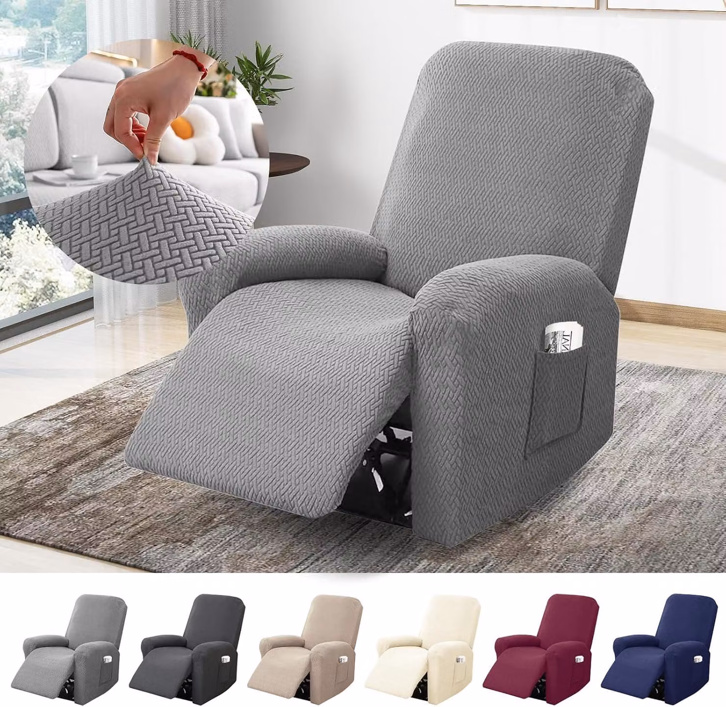 Copertura per poltrona singola, color grigio chiaro, in tessuto jacquard, con tasche, adatta per poltrone da TV