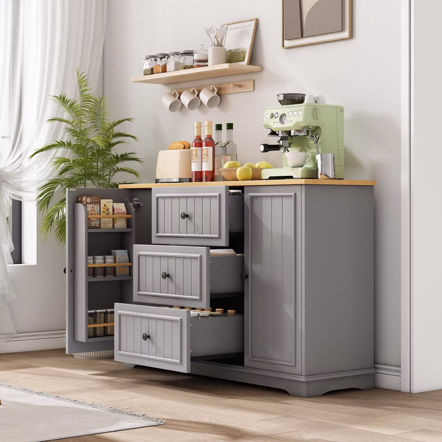 MODFU: mobile da cucina moderno con ripiano per le spezie, armadietto contenitore con 3 cassetti e ante in stile frigorifero, colore grigio