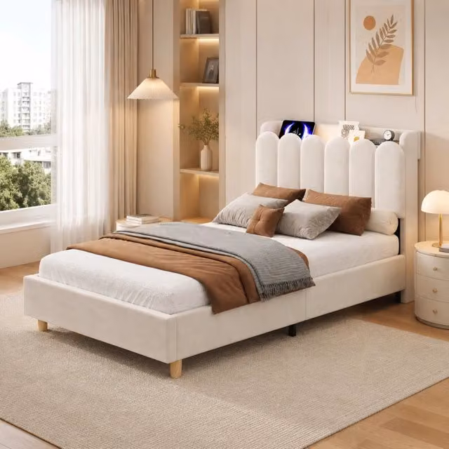 Letto singolo imbottito 90x200 con testiera; rete a doghe; luce; prese USB e Tipo C; velluto beige