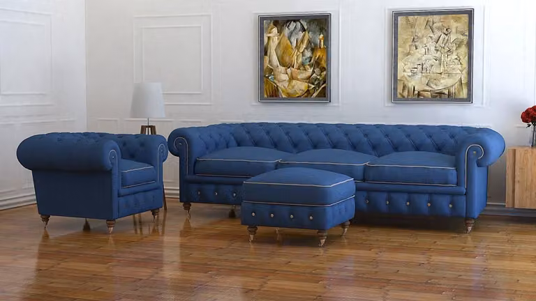 Klassische Design Polster Couch Set Chesterfield Sitz Garnitur + Hocker