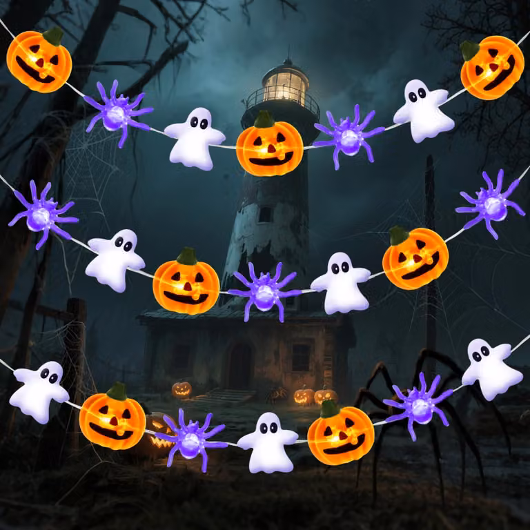 Catena luminosa a tema Halloween, 3 metri, 30 LED, con decorazioni di zucche, ragni e fantasmi, dotata di timer