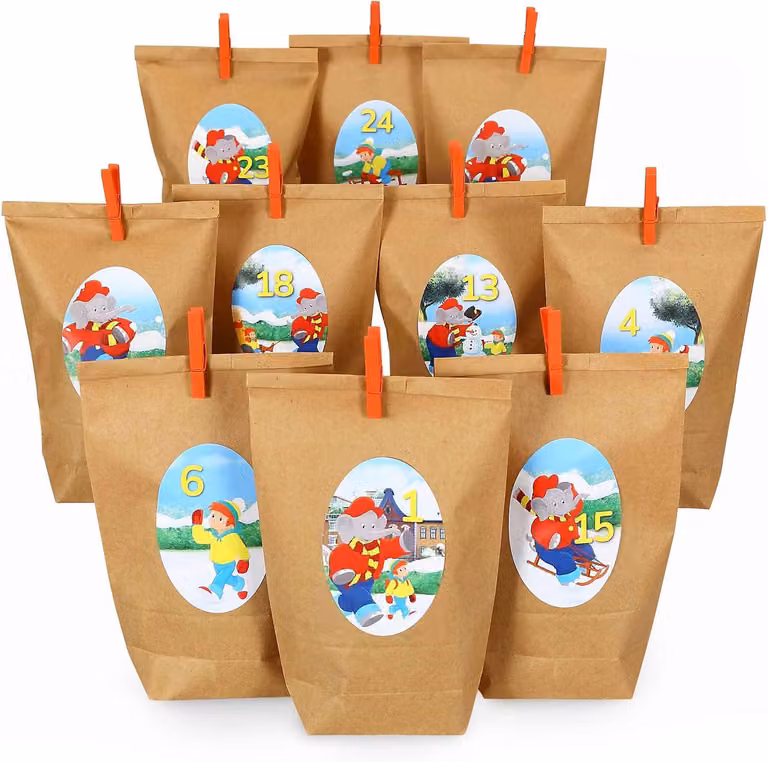 Calendario dell'Avvento da riempire personalmente: include 24 sacchetti regalo e 24 adesivi con numeri e motivi raffiguranti [nome del personaggio] e i suoi amici. Calendario di Natale da realizzare con le proprie mani