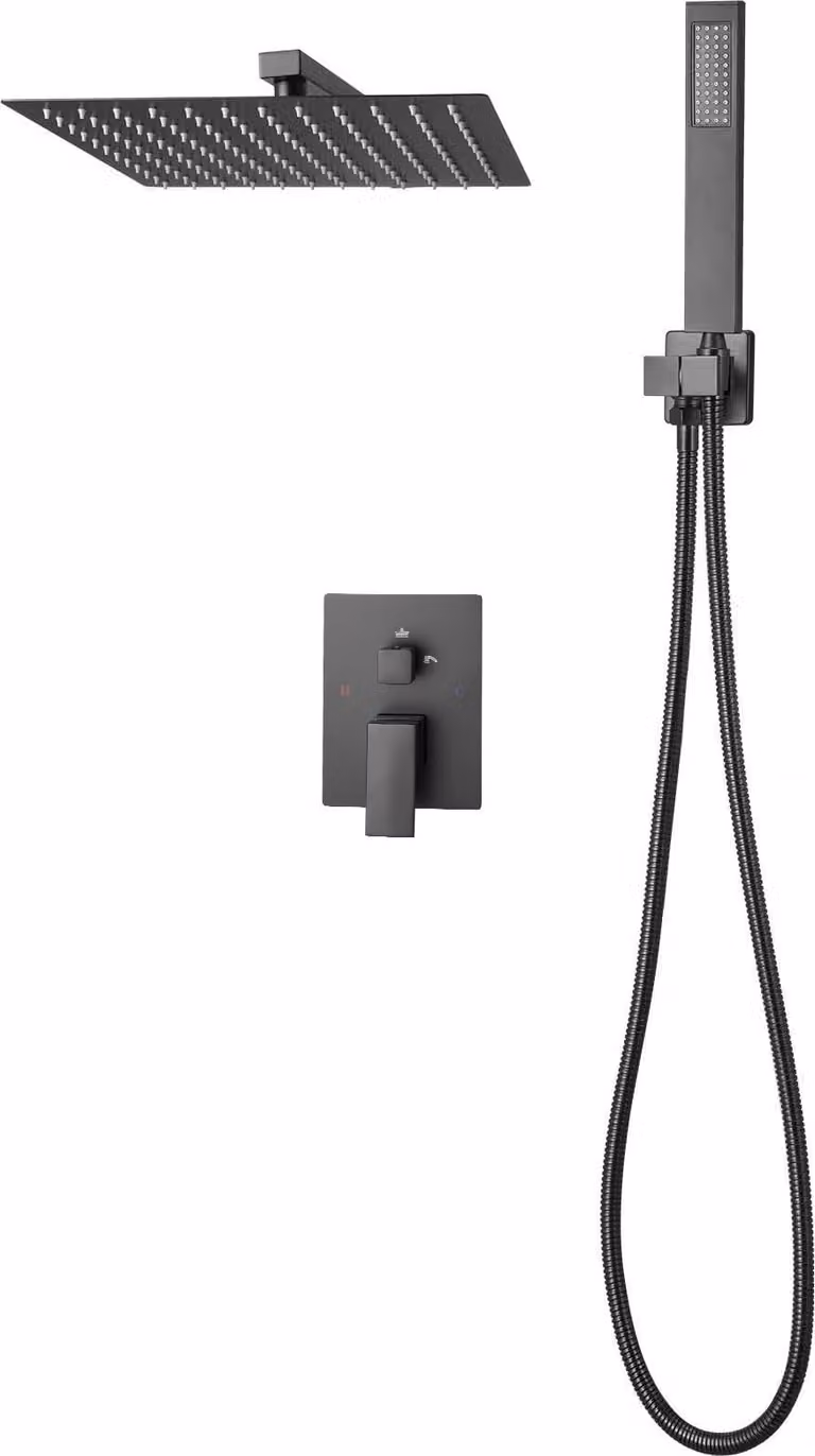 SucceBuy miscelatore doccia a pioggia per il bagno con soffione a pioggia quadrato da 305 mm e doccetta, set doccia a parete con valvola e accessori in ottone, nero opaco
