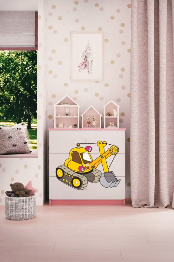 Cassettiera per bambini Excavator nel colore rosa Babydreams