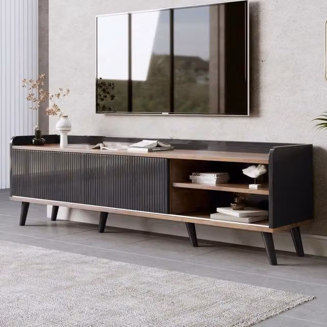 Mobile TV REDOM moderno con 2 cassetti e 2 ante scorrevoli, Nero effetto legno, L: 160 cm, P: 40 cm, H: 58 cm