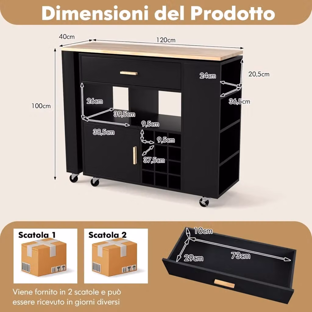Carrello da Cucina e di Servizio Reversibile 2 in 1 COSTWAY con Piano in Legno di Gomma e Porta Calici, Nero, L/P/H: 120 x 40 x 100 cm – 2