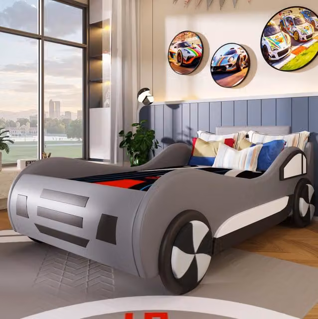 Letto per bambini a forma di auto 90x200 cm con rete a doghe grigia e sistema idraulico per riporre