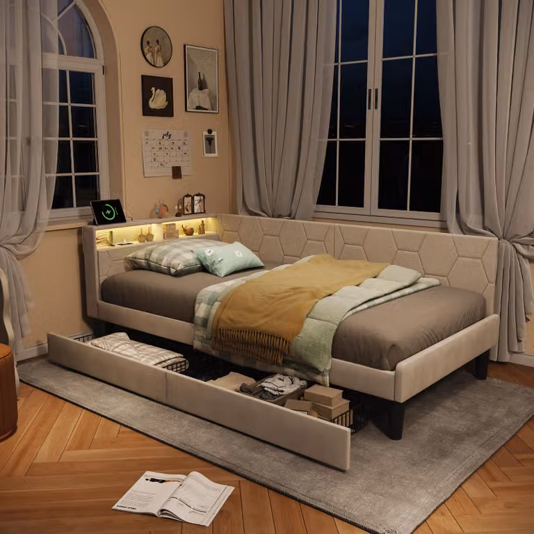 ProximaX Comodo letto imbottito 90x200 cm con cassetti integrati e morbido rivestimento in velluto per camere da letto accoglienti, beige