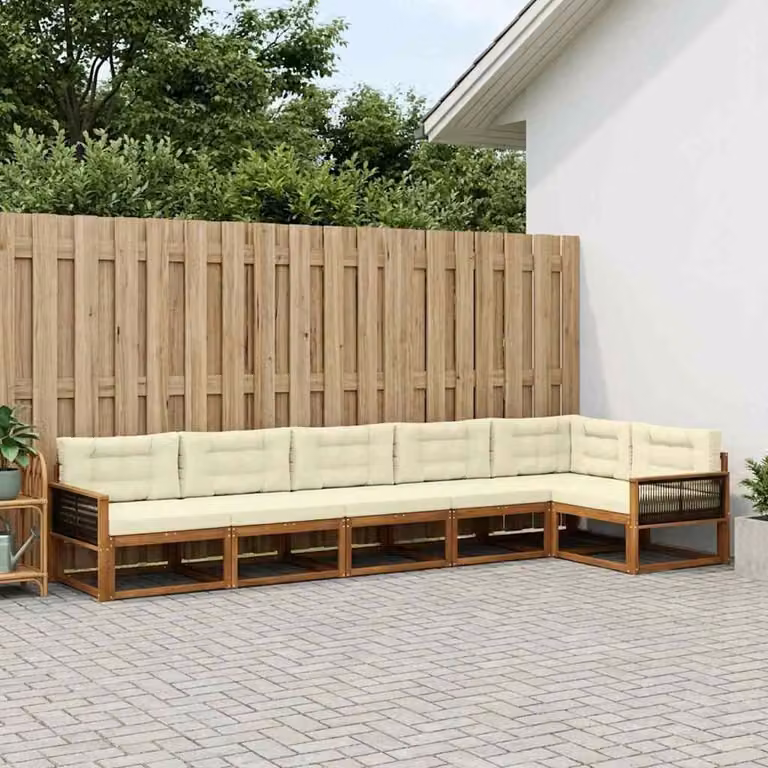 vidaXL Set di divani da esterno a L in legno di acacia con cuscini, 6 pezzi, Beige, Bianco e Marrone