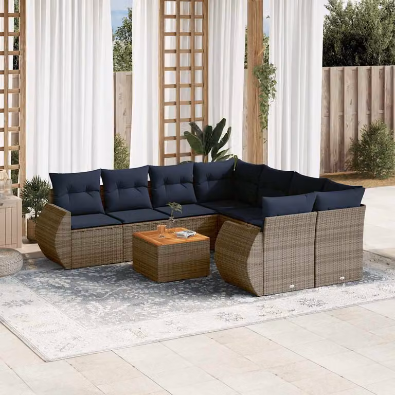 Set di divani da giardino vidaXL in polyrattan grigio con cuscini e tavolino da esterno a forma di L