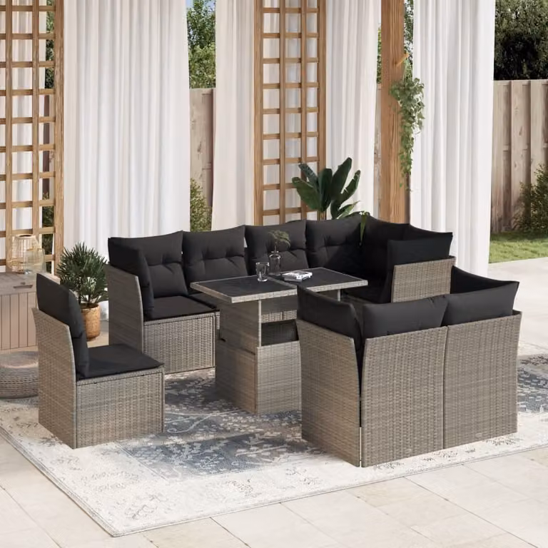 Set Divano da Giardino vidaXL 9pz a Forma a L con Cuscini Antracite e Tavolino in Vetro