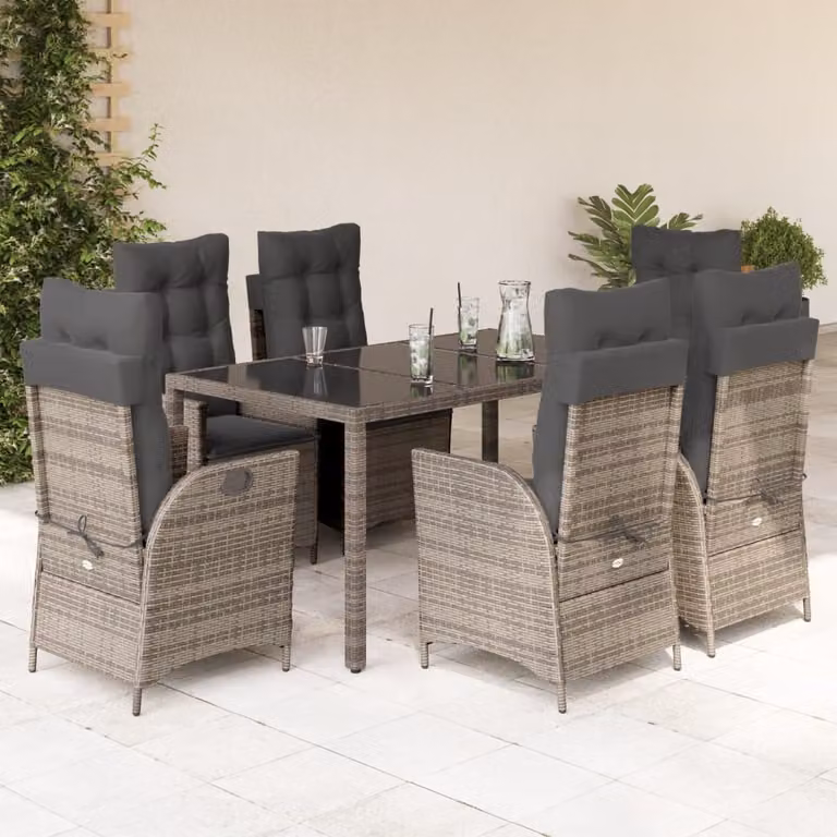 vidaXL Set da Pranzo da Giardino 7 pz in Polyrattan e Metallo con Piano in Vetro Grigio