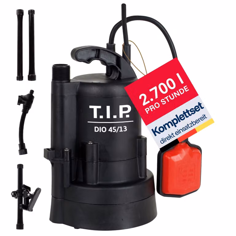 T.I.P. Tauchpumpe - Regenfasspumpe (2.700 l/h Fördermenge, mit Durchflussmengenregler, 13 m Förderhöhe, 1,3 bar Druck, Befestigungsklammer, Teleskoprohr mit 3 Steigrohrlemente) DIO 45/13 flex, 30263