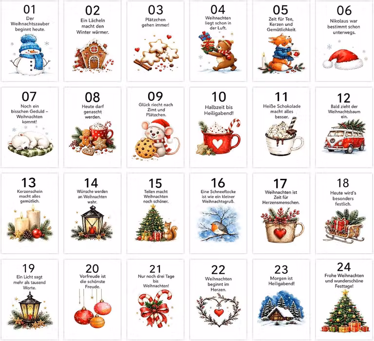 Calendario dell'Avvento con 24 biglietti, supporto in legno, tema della mindfulness, da utilizzare per la pratica quotidiana