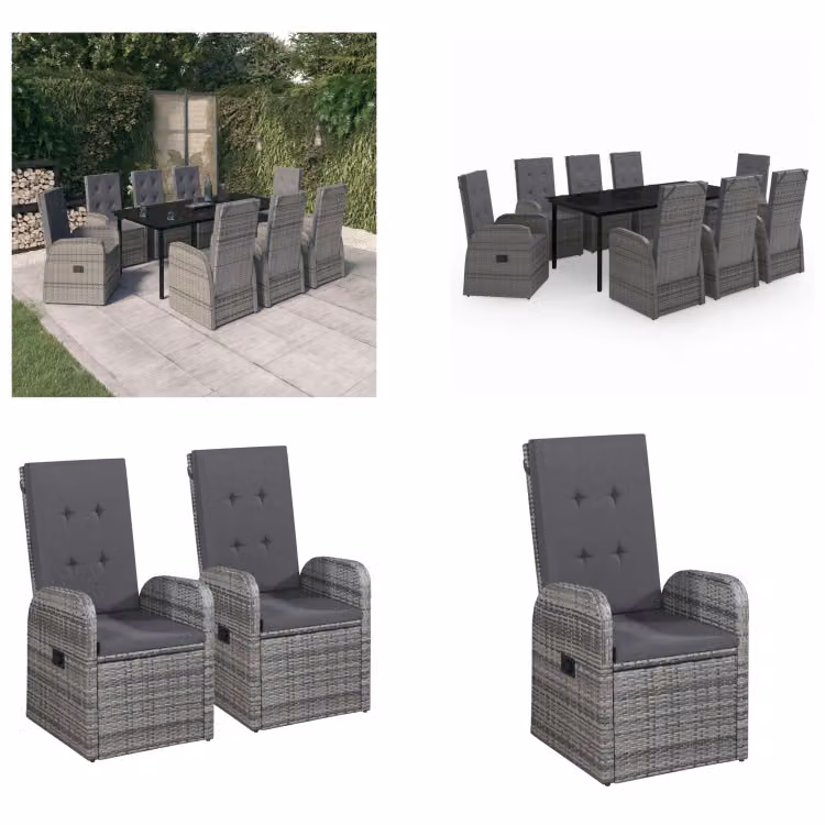 vidaXL Set da pranzo da giardino 9 pezzi con cuscini grigio - Set da pranzo da giardino - Gruppi da pranzo da giardino - Set di mobili da giardino - Set di mobili da giardino