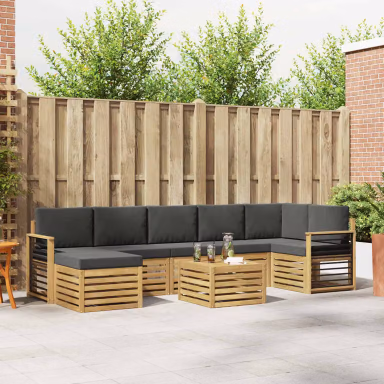 vidaXL Set di divani da esterno moderno a L composto da 8 pezzi in legno di acacia con cuscini bianchi e antracite