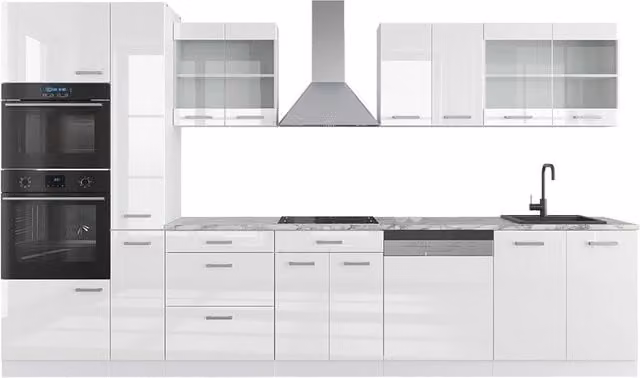 Cucina componibile moderna Vicco R-Line Bianco lucido con armadio alto, L: 350 cm
