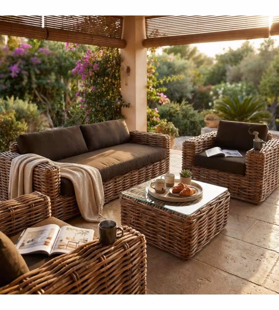 Salotto Polinesia Cosmaca in Legno e Rattan Marrone con Cuscini per Esterno e Interno – 1
