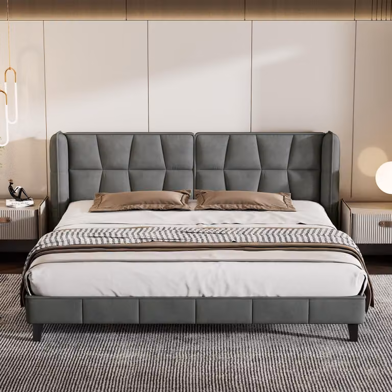 Letto imbottito STILVORA 180x200 cm, letto per ragazzi con rete a doghe e testiera, letto matrimoniale con supporto a doghe in legno, grigio (senza materasso)