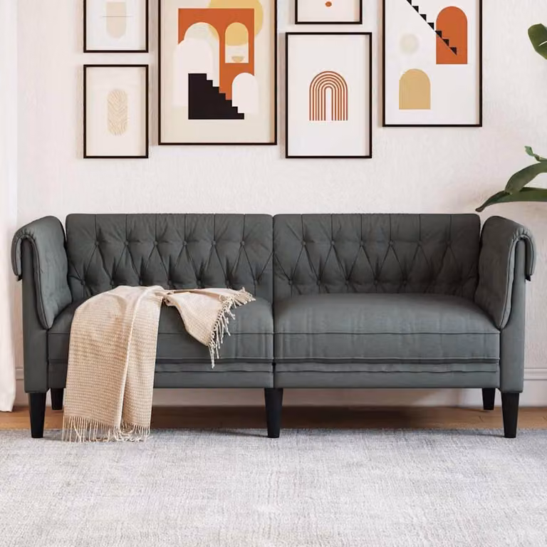vidaXL Divano Chesterfield a 2 Posti in Tessuto Grigio con Struttura in Legno Massiccio L: 182,5 cm, P: 74,5 cm, H: 74,5 cm