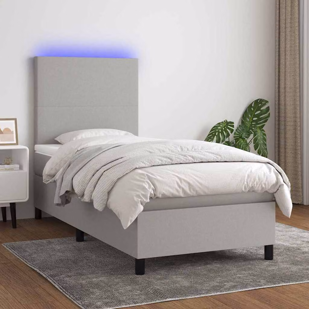 Letto a molle con materasso e illuminazione LED vidaXL in tessuto grigio chiaro e bianco, L/P/H: 200 x 90 x 128 cm – 1