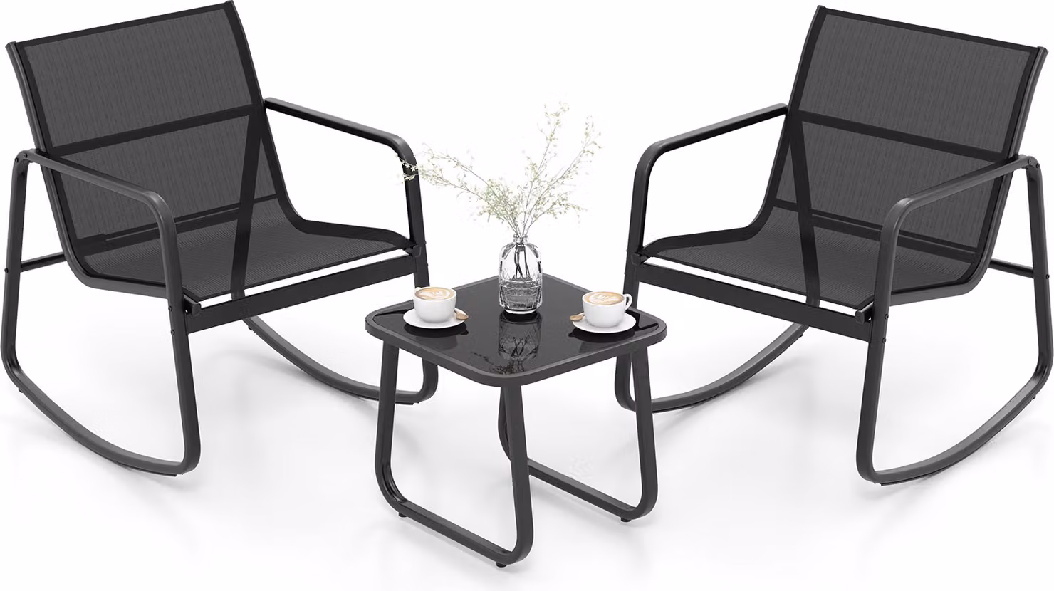COSTWAY Set di mobili da giardino a 3 pezzi, set da balcone con dolce movimento a dondolo, set da giardino, gruppo di sedute