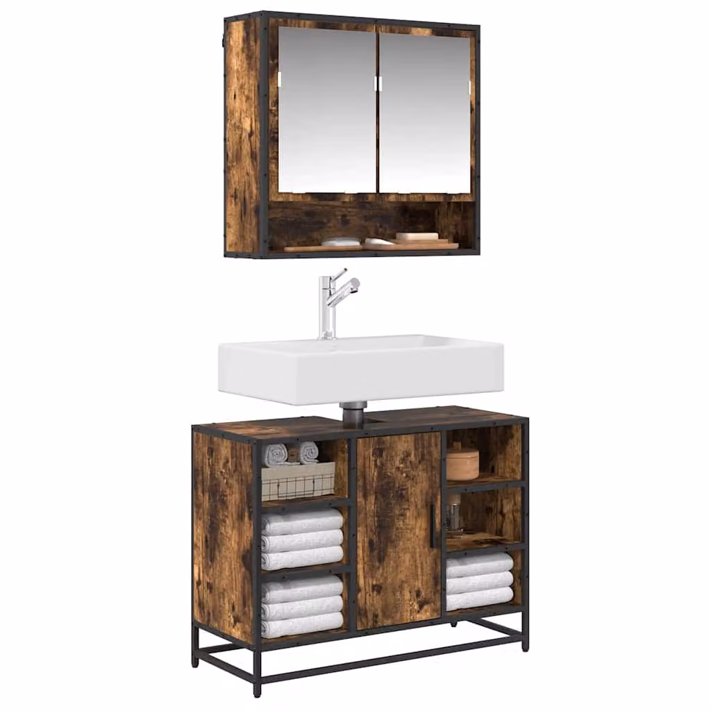 Mobile Lavabo da Bagno vidaXL in Legno Rovere Fumo e Metallo, L: 60 cm, P: 30 cm, H: 60 cm