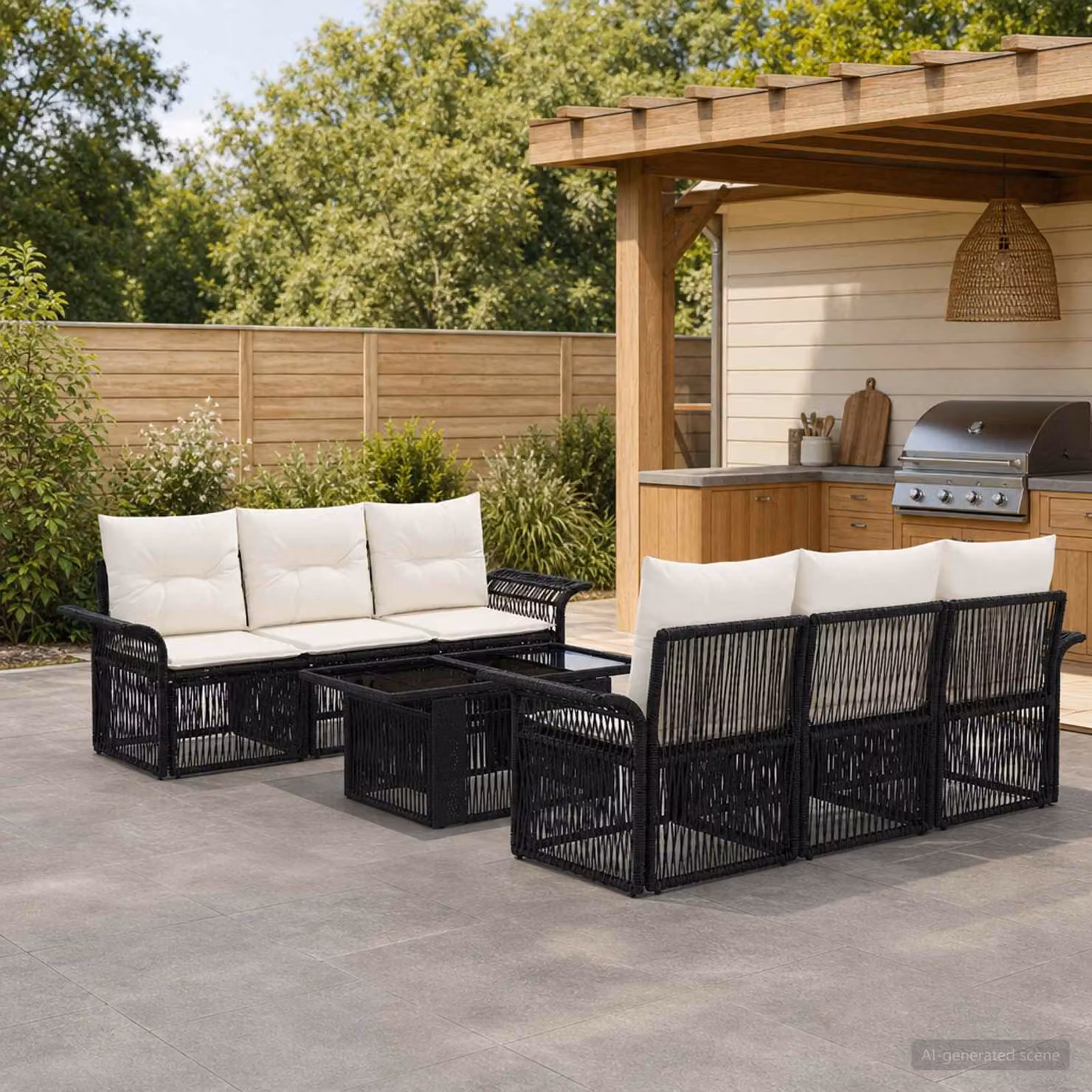 Set Divano da Giardino vidaXL 7 Pezzi Moderno in Polyrattan Nero e Bianco Crema con Cuscini Imbottiti e Tavolino
