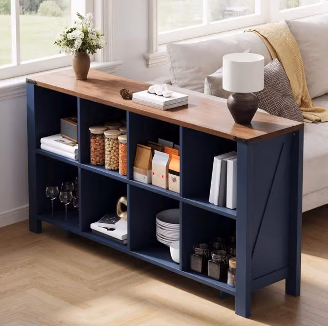 Mobile contenitore blu in MDF con 8 vani aperti, 140 × 34 × 75 cm