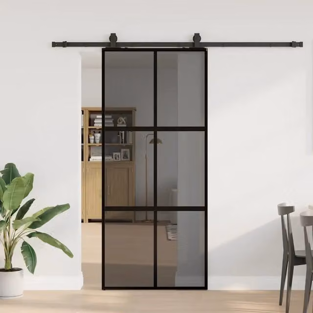 Porta Scorrevole Moderna vidaXL in Vetro Trasparente e Alluminio con Ferramenta Nera L: 90 cm, H: 205 cm