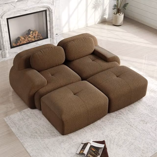 Divano angolare modulare senza telaio in corduroy con schiuma 32D, braccioli ergonomici e base antiscivolo marrone
