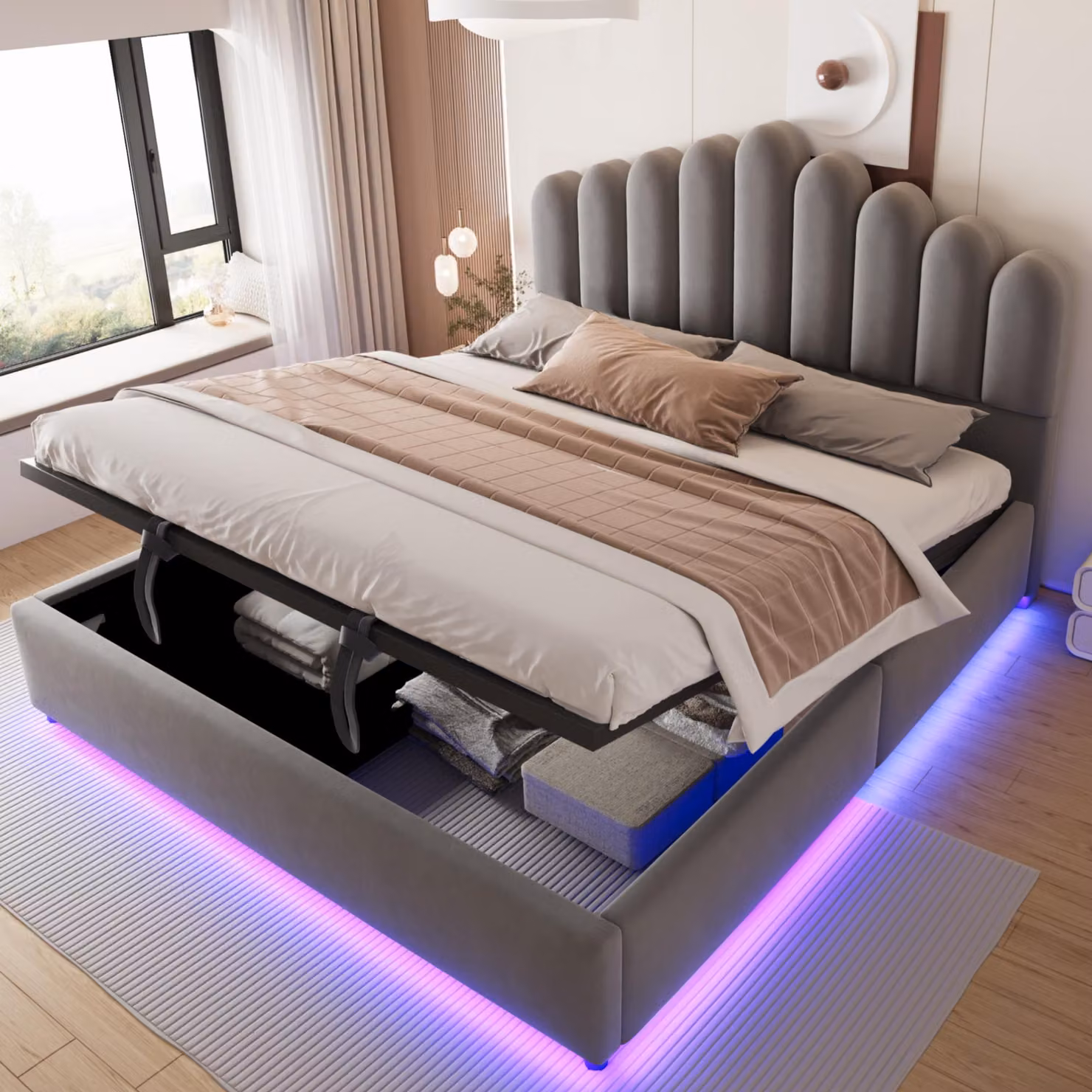 Letto imbottito idraulico Flieks, 180x200 cm, con rivestimento in ecopelle, letto per ragazzi, letto matrimoniale con spazio contenitore, letto con spazio contenitore, struttura in legno, testiera imbottita, velluto, grigio