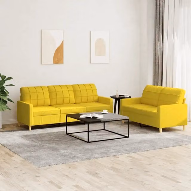 Set di Divani 2 pz con Cuscini Giallo Chiaro in Tessuto 3201311