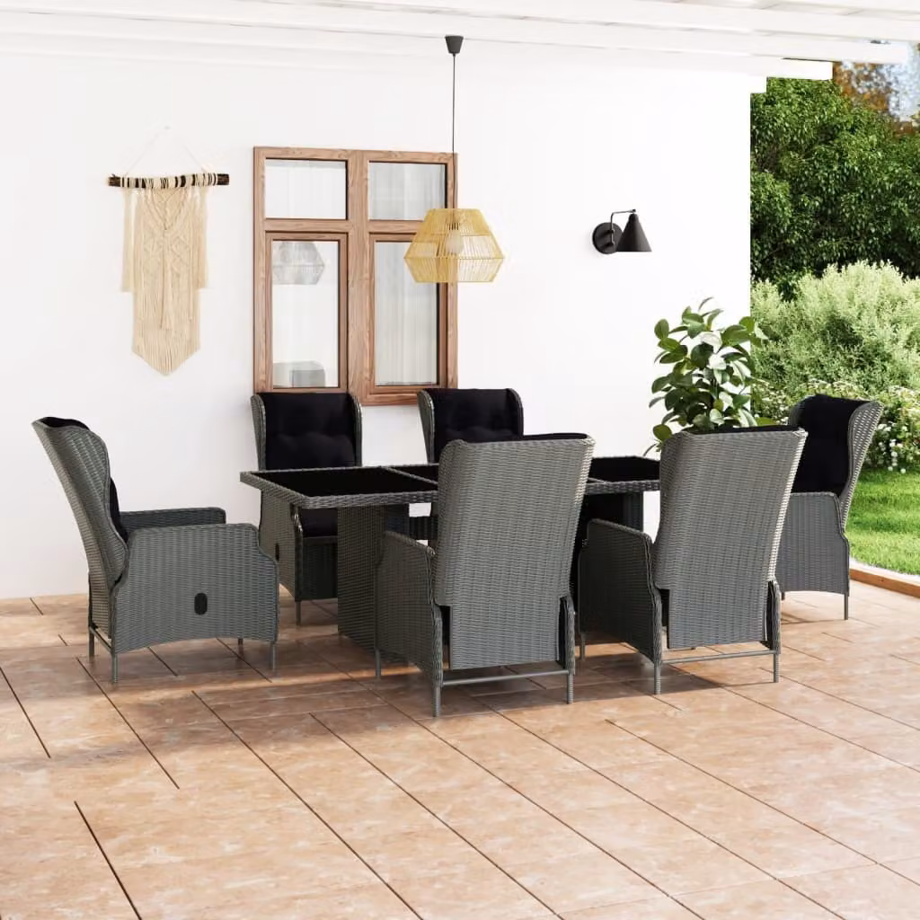 The Living Store Set da pranzo da giardino 7 pezzi con cuscini in poly rattan grigio chiaro