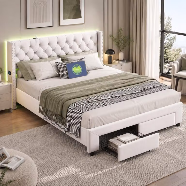 Letto imbottito INONEFT, 160x200 cm, con 2 cassetti, letto per ragazzi con illuminazione LED, testiera con 2 tasche laterali e funzione di ricarica USB, in velluto, color beige