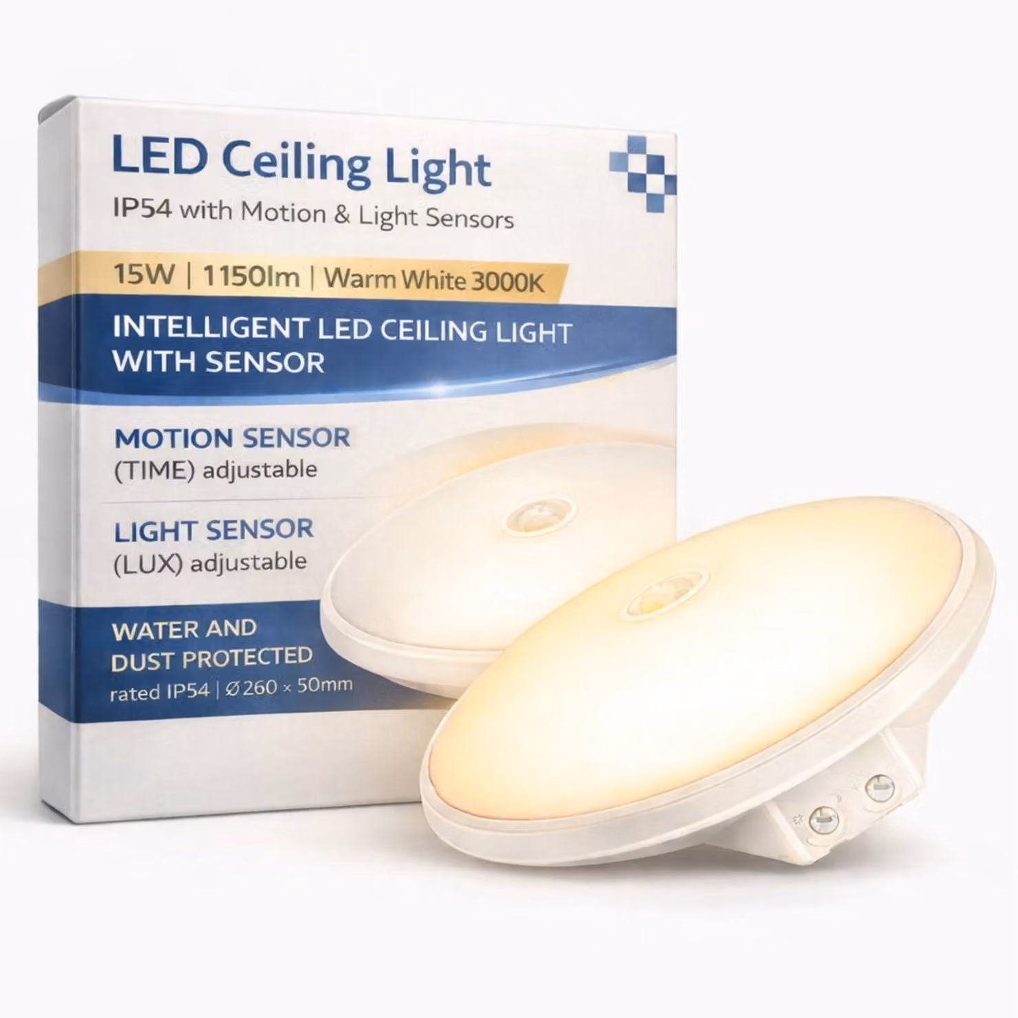 Lampada da soffitto a LED, 15W, grado di protezione IP54, con sensore di movimento, luce bianco caldo 3000K
