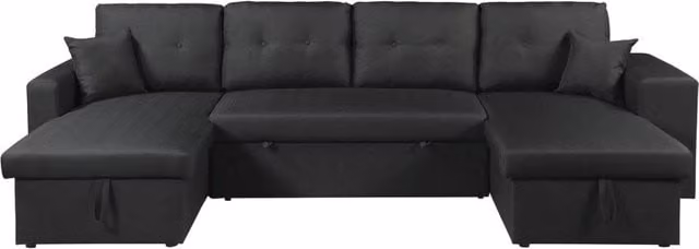 Divano angolare trasformabile Axel in tessuto nero con struttura in legno massello, modello a L con funzione letto e cuscini inclusi, L/P/H: 298 x 146 x 86 cm – 1
