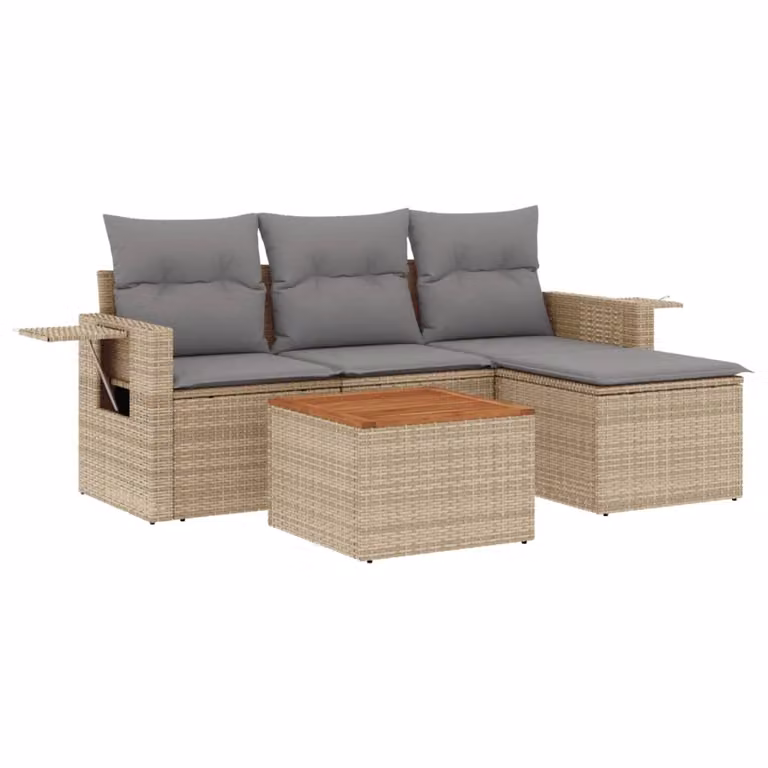 Set Divano da Giardino 5 pz con Cuscini Beige Misto Polyrattan