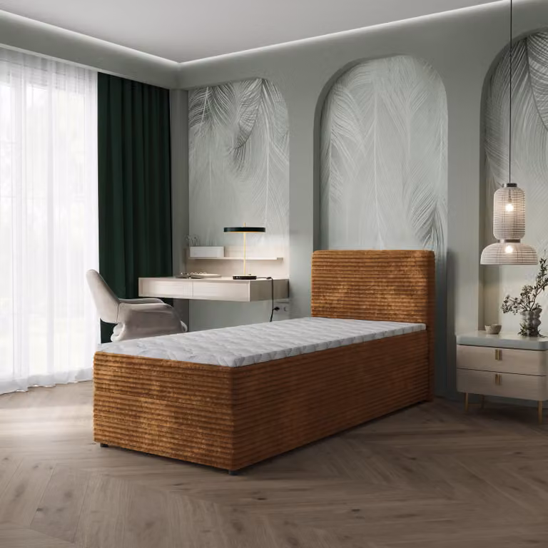 Letto boxspring Masseno PISA 100, 100x200 cm, set completo con materasso Bonell e topper, letto imbottito con cassetti - Arancione, TILIA 56